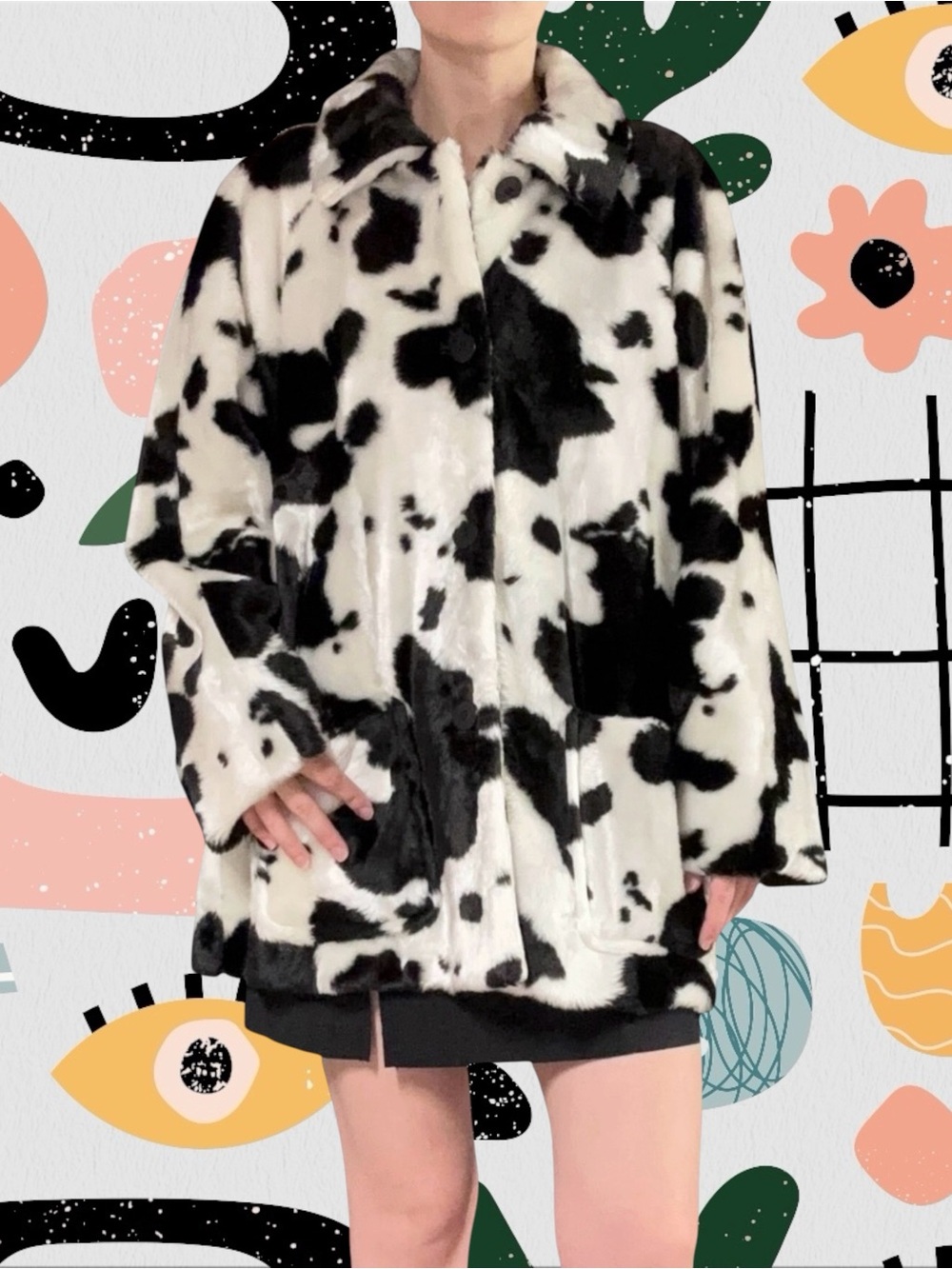 Private Edition by Chico’s | Vintage Faux Fur Cow Print Button Front Coat